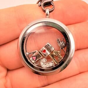 Origami Owl Living Locket Necklace 5 Charms J Knitting Sewing Book Swarovski 31"
